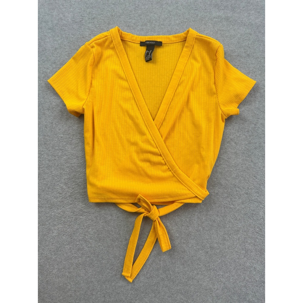 Forever 21 Yellow Ribbed Wrap Crop Top Short Sleeve Mustard Size M